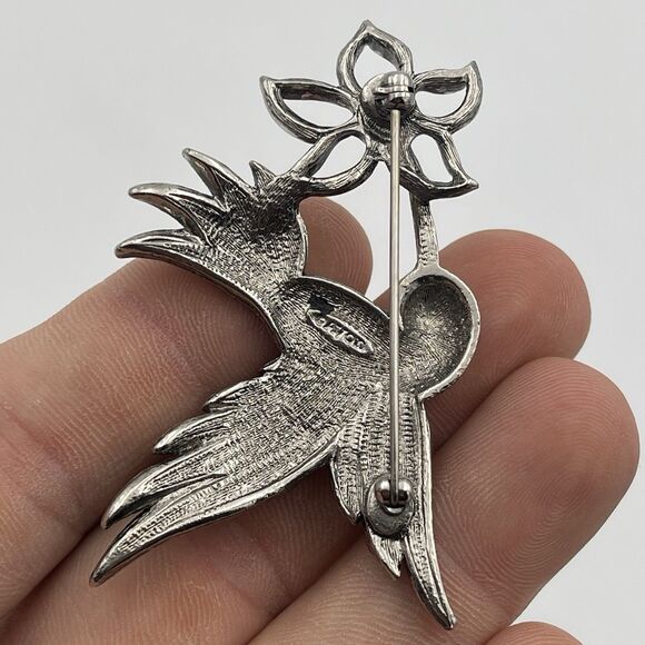 Vintage AVON Hummingbird & Flower Marcasite Brooch Pin w/ Pink Eye - Picture 6 of 10